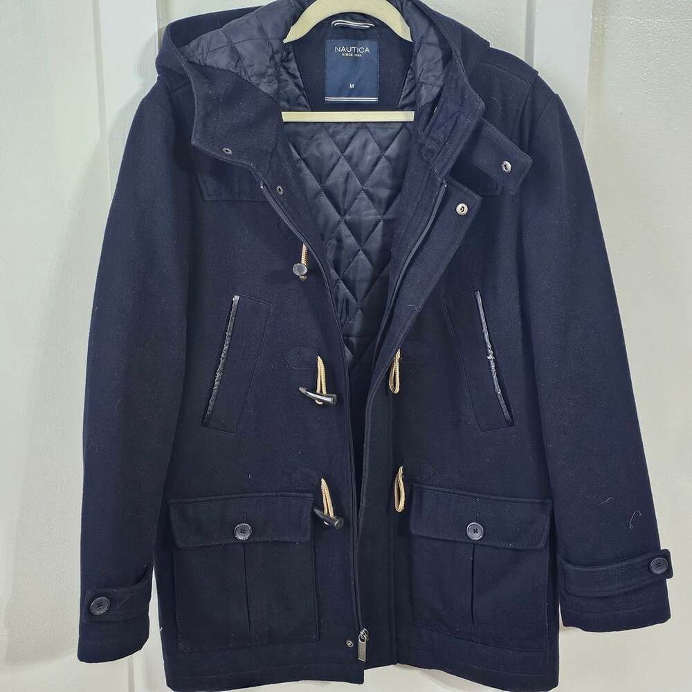 Nautica Mens M Navy Wool Blend Duffle Coat Hooded Toggle Preppy Winter